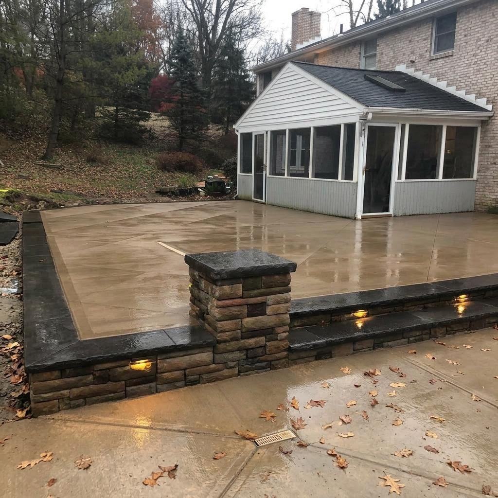 Stamped concrete patio with stone retaining wall and step lighting by Ultimate Concrete Service